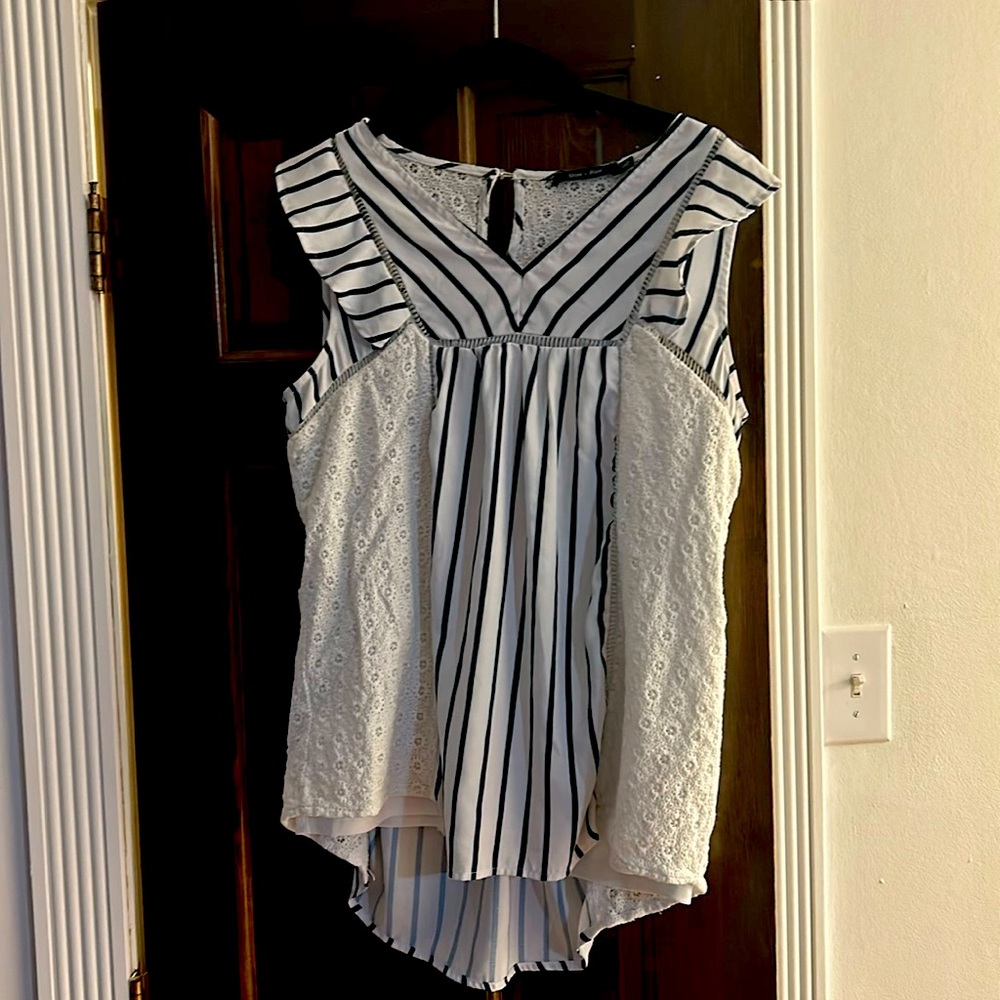 Navy and white striped capped sleeve blouse